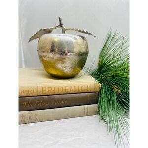 Vintage Silver Plated Brass Apple Trinket Box Decorative Leaf Stem Lidded Dish